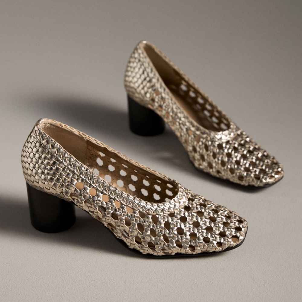 Pilcro Light Gold Woven Block Heel Shoes EU 37 (US 6-6.5)
